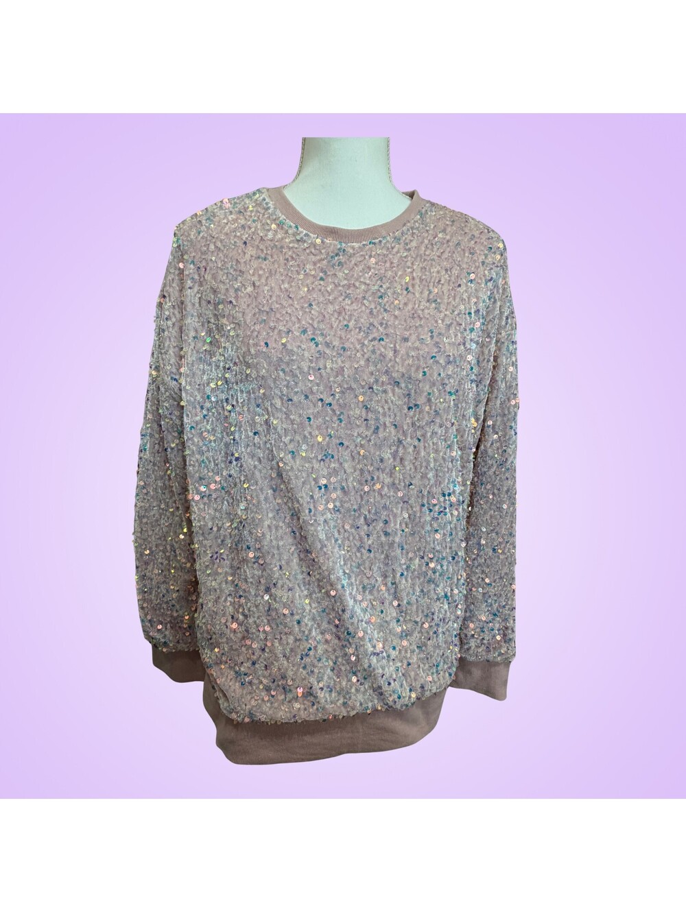 Shiraleah Fiesta Womens Medium Pink Iridescent Sequin Crewneck Sweatshirt